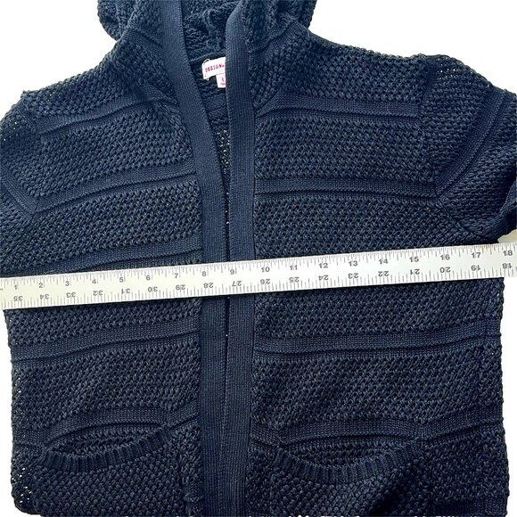 Design History Open Crochet Hooded Cardigan sz L Pockets Black Grannycore - Picture 8 of 10